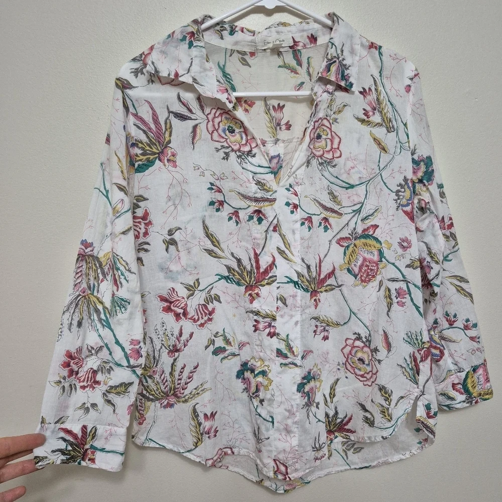 Eden & Olivia White Boho Summer Floral Cotton Gauze V-Neck Blouse Size M - Picture 2 of 6